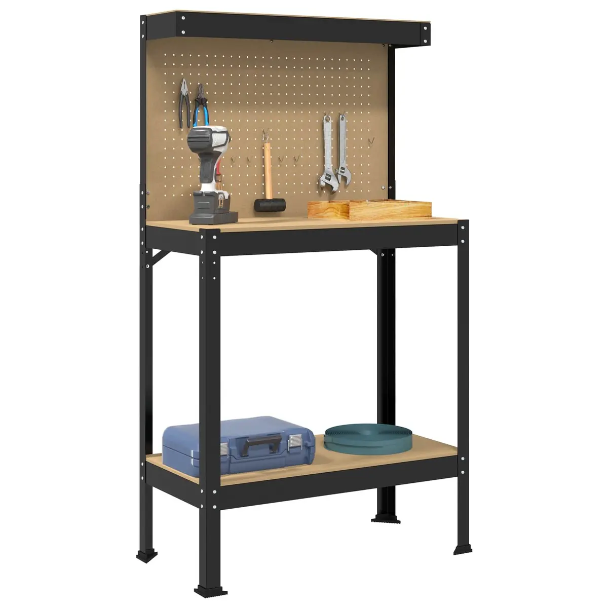 Workbench Engineered Wood and Metal Frame Black 81x41x145cm with Pegboard and Drawer