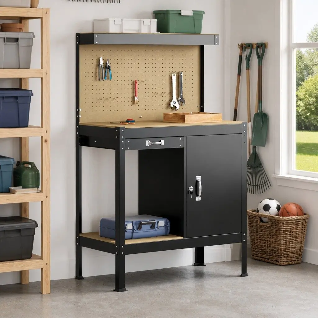 Workbench Black 90 x 49 x 141 cm Engineered Wood Metal Pegboard Drawer Shelving