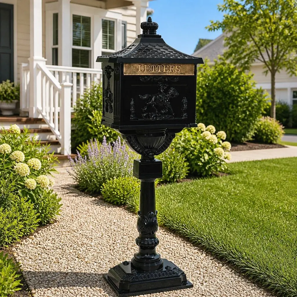 Standing Mailbox Black Vintage Waterproof Cast Aluminium Outdoor Decor
