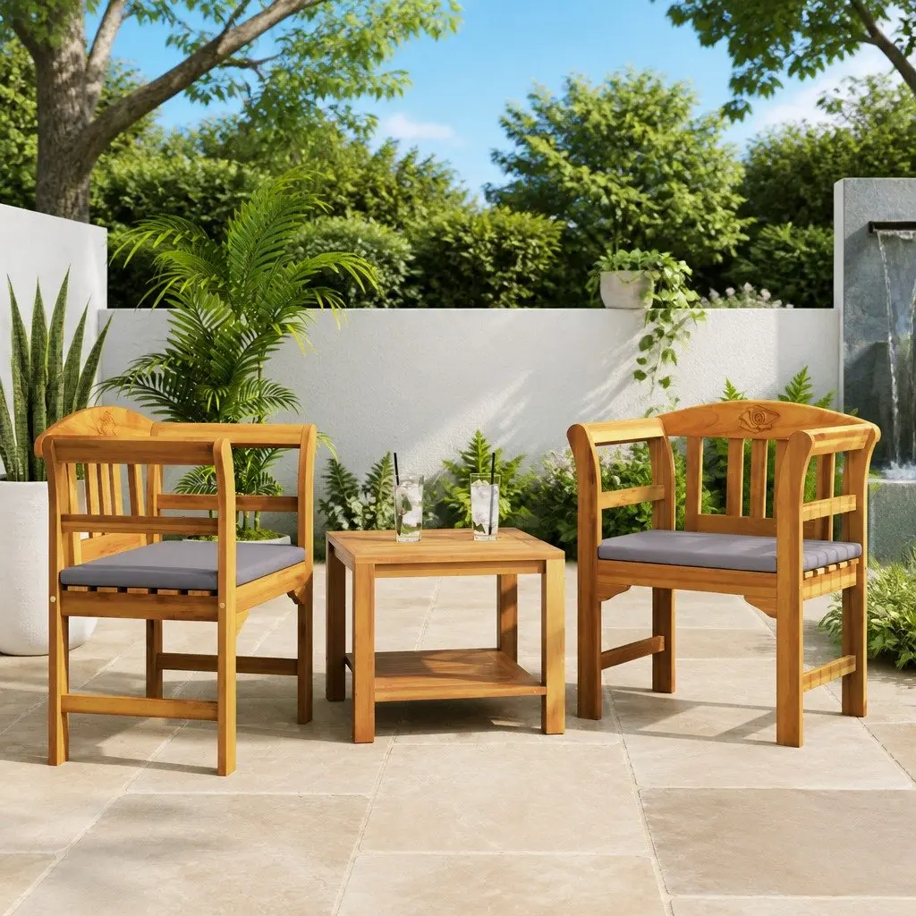 Outdoor Bench Solid Acacia Wood Hand-Carved Rose Embellishments Curved Armrests Garden Patio Balcony