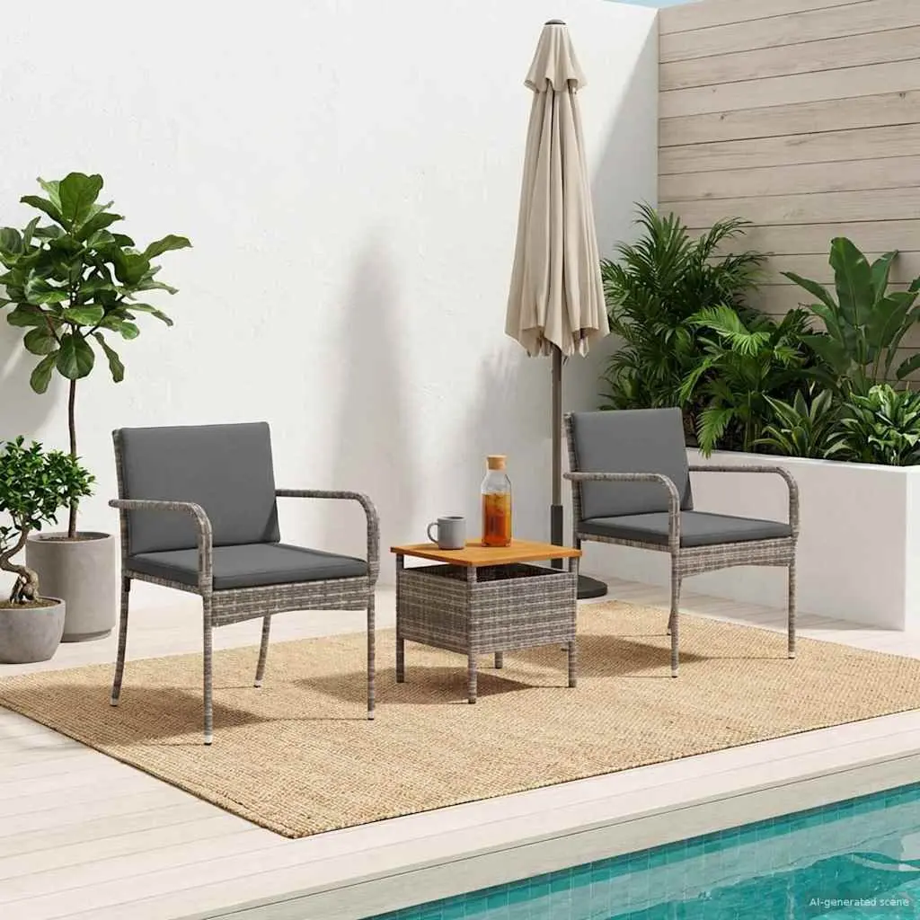 3 Piece Outdoor Bistro Set Grey Poly Rattan Weather Resistant Furniture with Removable Cushions and Natural Acacia Wood Table Top