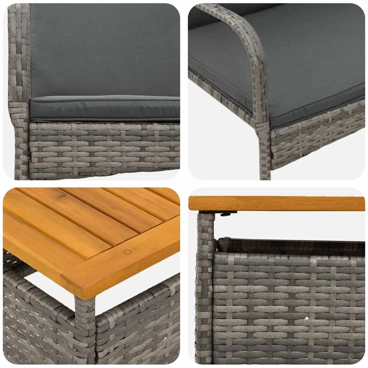 3 Piece Outdoor Bistro Set Grey Poly Rattan Weather Resistant Furniture with Removable Cushions and Natural Acacia Wood Table Top