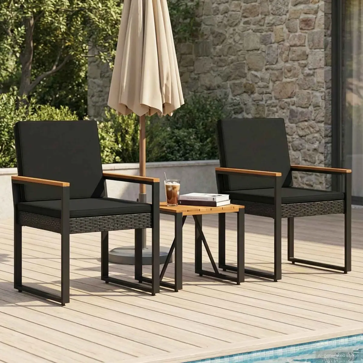 Outdoor Furniture Set 3 Piece Black Poly Rattan Weather Resistant with Powder Coated Steel Frame and Slatted Acacia Wood Tabletop
