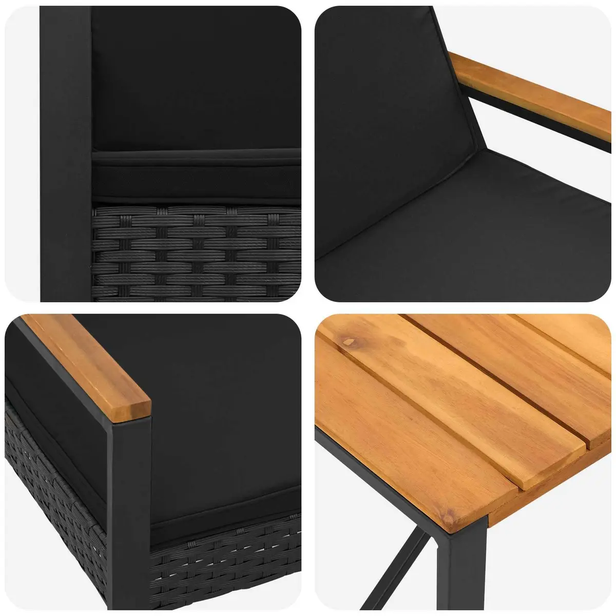 Outdoor Furniture Set 3 Piece Black Poly Rattan Weather Resistant with Powder Coated Steel Frame and Slatted Acacia Wood Tabletop