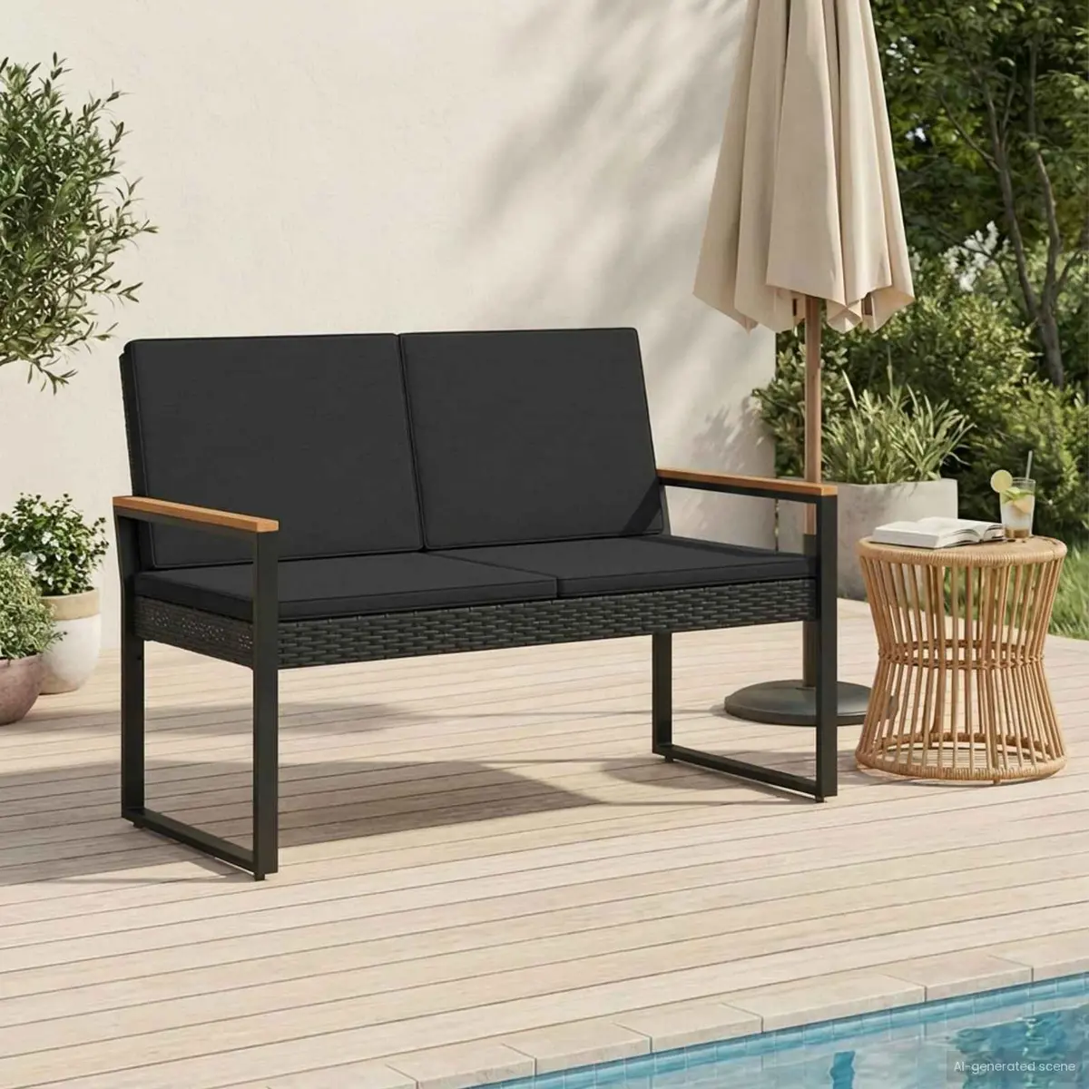 Outdoor Bench 107cm Black Poly Rattan Steel Frame with Removable Cushion