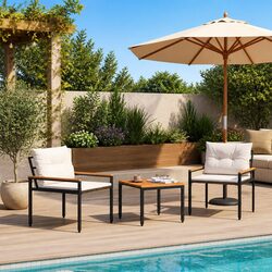 Garden Furniture Set - 3 Pieces in Grey with Wood Top