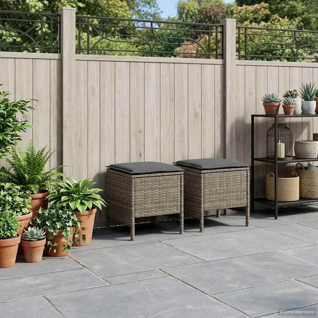 Outdoor Footstool Set 2 Pieces Grey Rattan Frame Removable Cushion Indoor Garden Seating