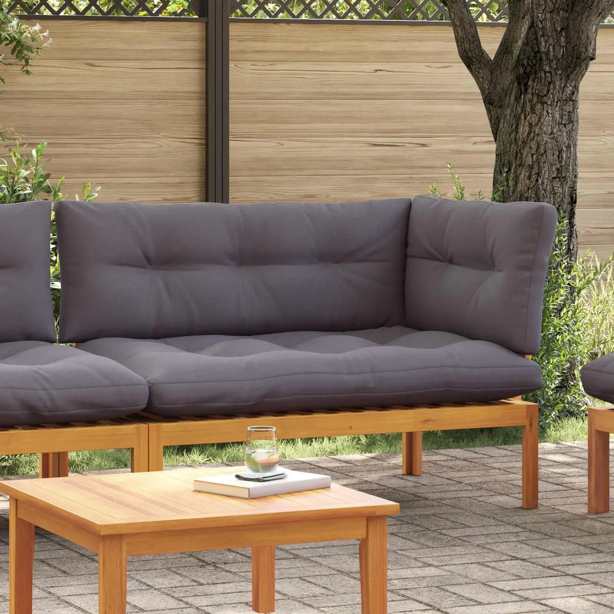 Corner Sofa Unit Outdoor Sectional Acacia Wood Natural Dark Grey Weather Resistant Garden Seating