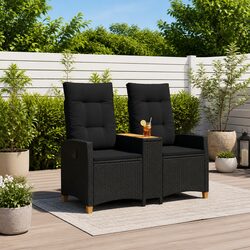Outdoor Reclining Bench with Tea Table Garden Patio Seating Black Poly Rattan
