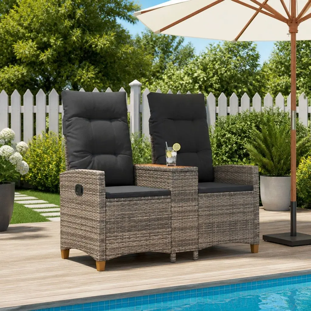 Grey Outdoor Lounge Bench with Cushioned Seating Adjustable Backrest and Integrated Side Table