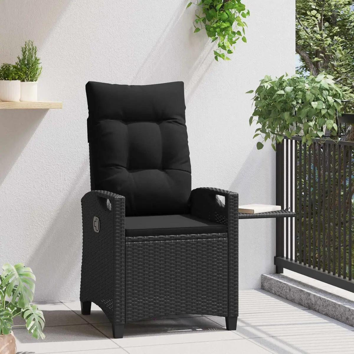 Outdoor Reclining Chair Adjustable Backrest with Fold-Out Table Black