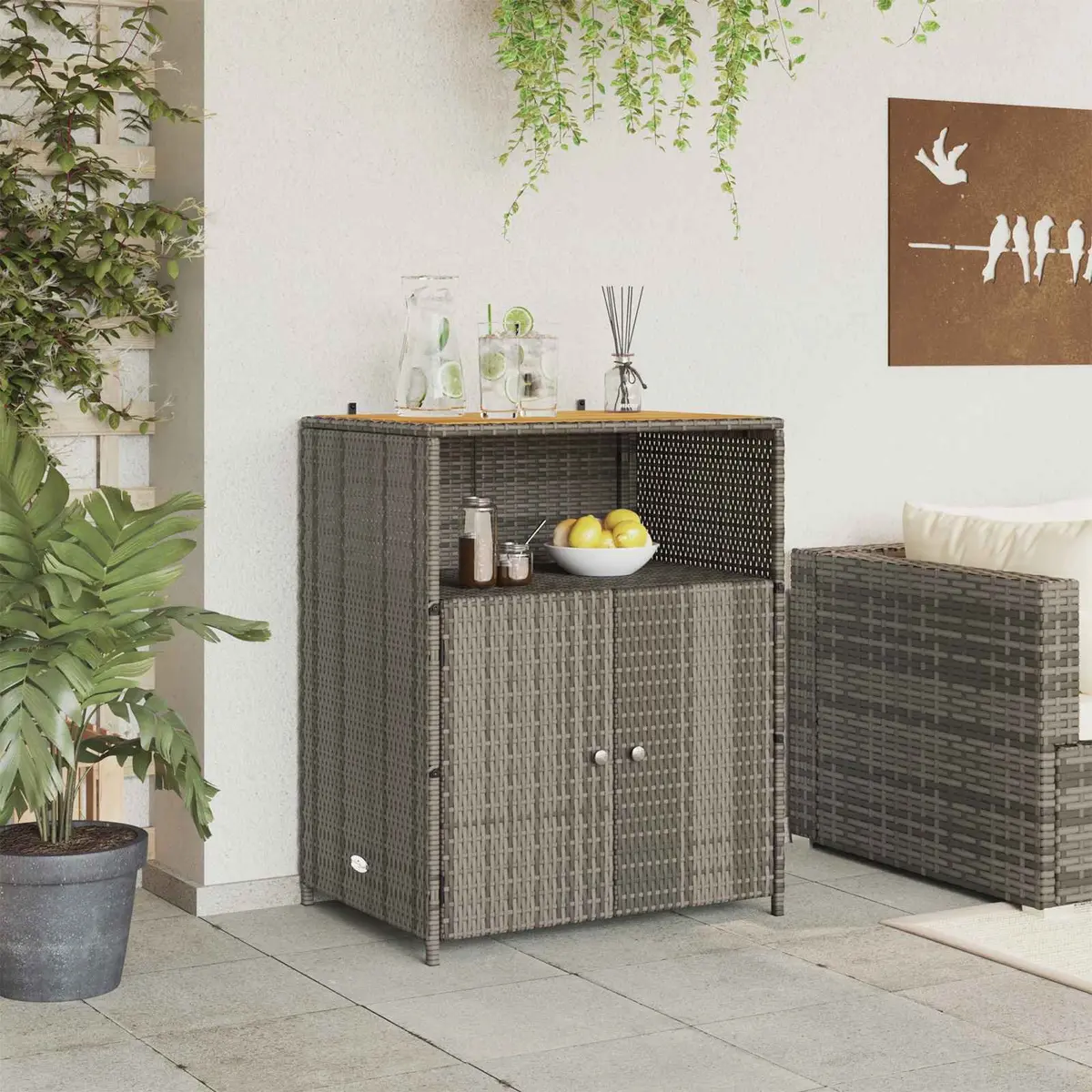 Storage Cabinet 70x50x87cm Grey Acacia Wood Top Rattan Doors