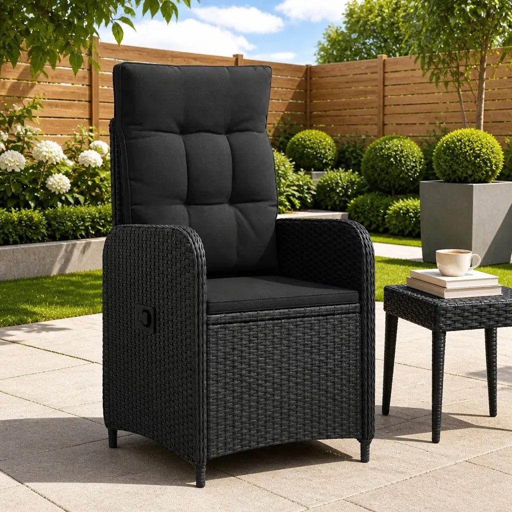 Reclining Garden Chair Black Poly Rattan Adjustable Backrest