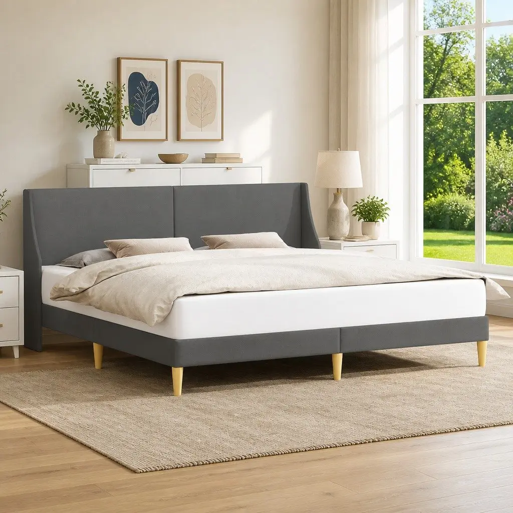 Dark Grey Bed Frame Plywood Base Fabric Headboard Slatted Support