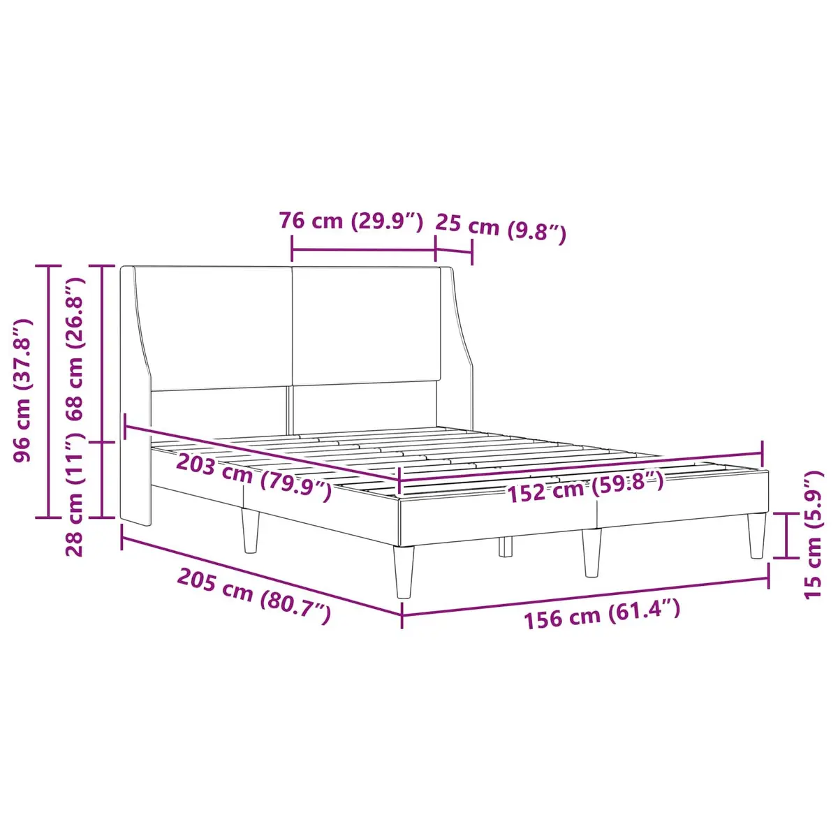 Bed Frame with Fabric Headboard Dark Grey 153 x 203 cm Rectangular Bedroom