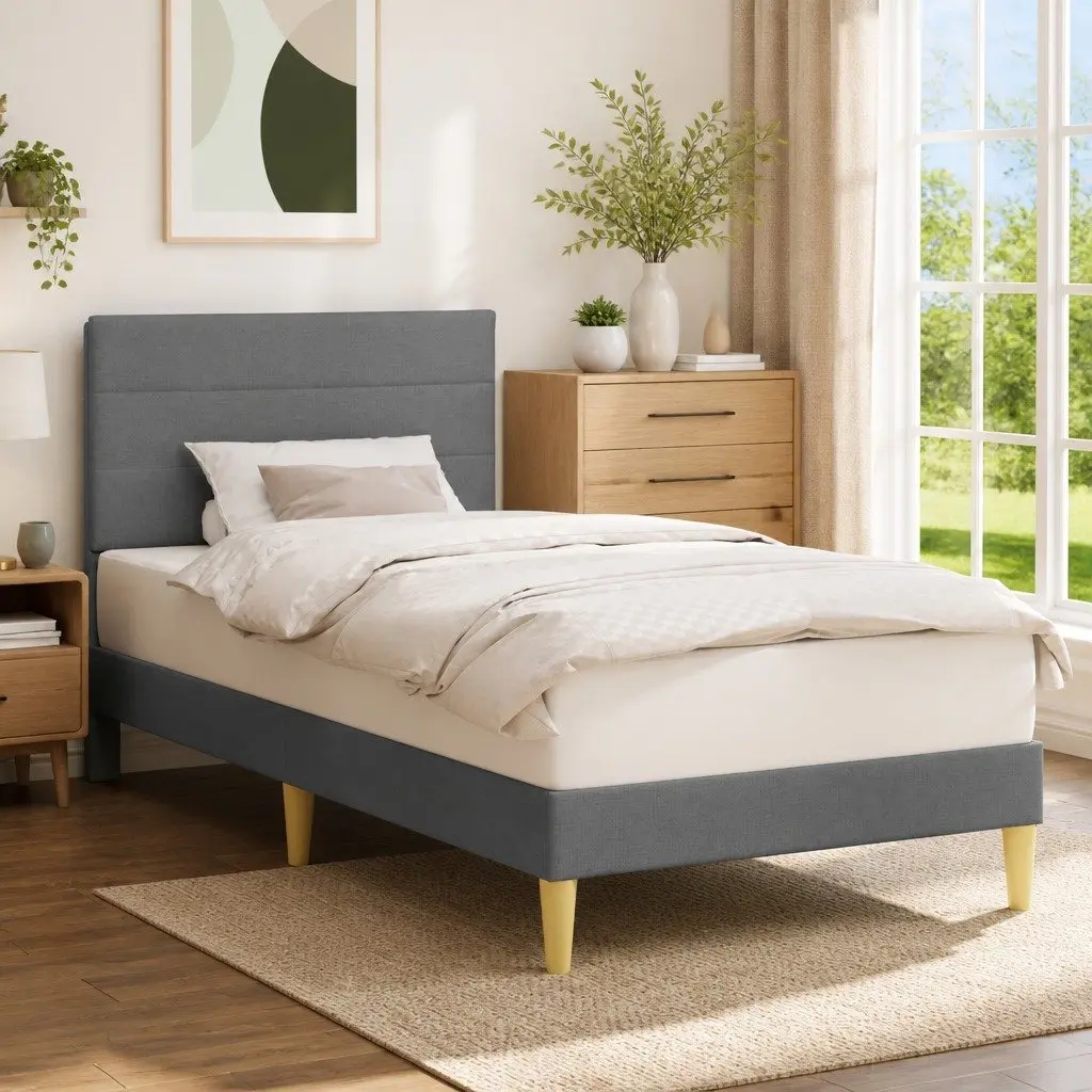 Bed Frame 107 x 203 cm Fabric Upholstered Headboard Dark Grey Modern