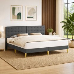 Bed Frame with Headboard Grey 180 x 200 cm Modern Fabric Platform Slatted Base
