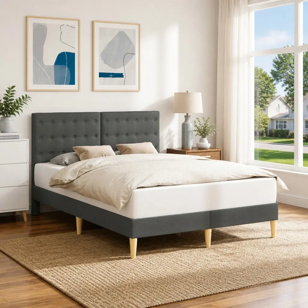 Bed Frame with Fabric Headboard Dark Grey 153 x 203 cm Bedroom Furniture