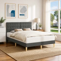 Bed Frame with Fabric Headboard Dark Grey 153 x 203 cm Bedroom Furniture