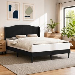 Stylish Black Faux Leather Bed Frame with Integrated Headboard
