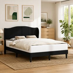 Bed Frame with Headboard Black 152 x 203 cm Faux Leather Modern Bedroom
