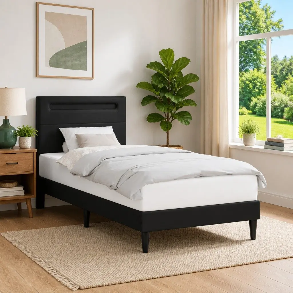 Bed Frame 90 x 190 cm with LED Strip Lights Faux Leather Headboard