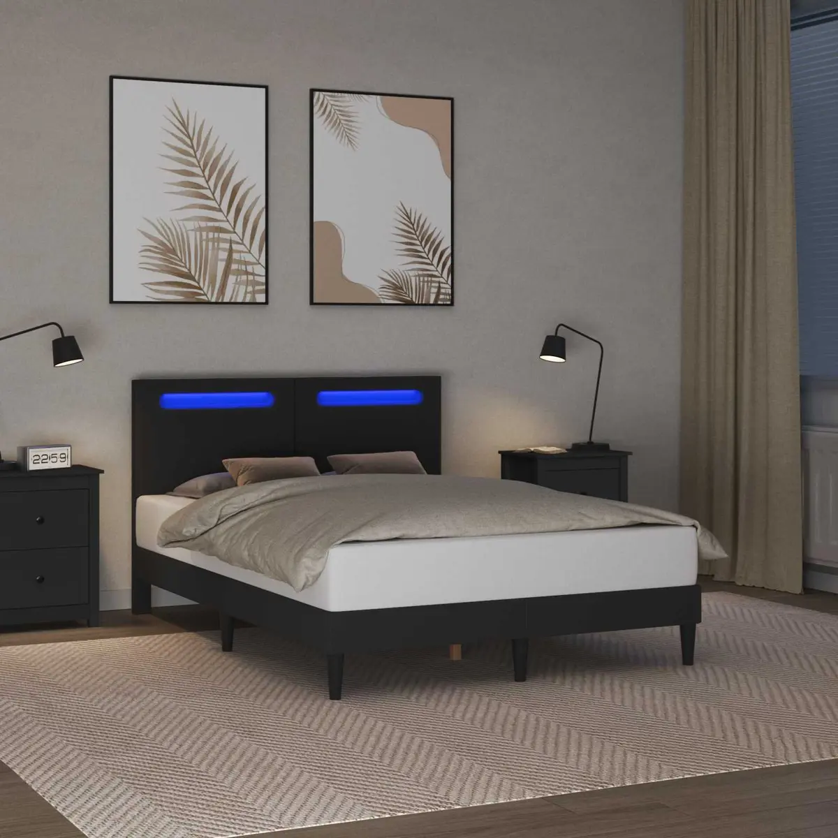 Black Bed Frame 153 x 203 cm LED Strip Lights USB Powered Modern Faux Leather