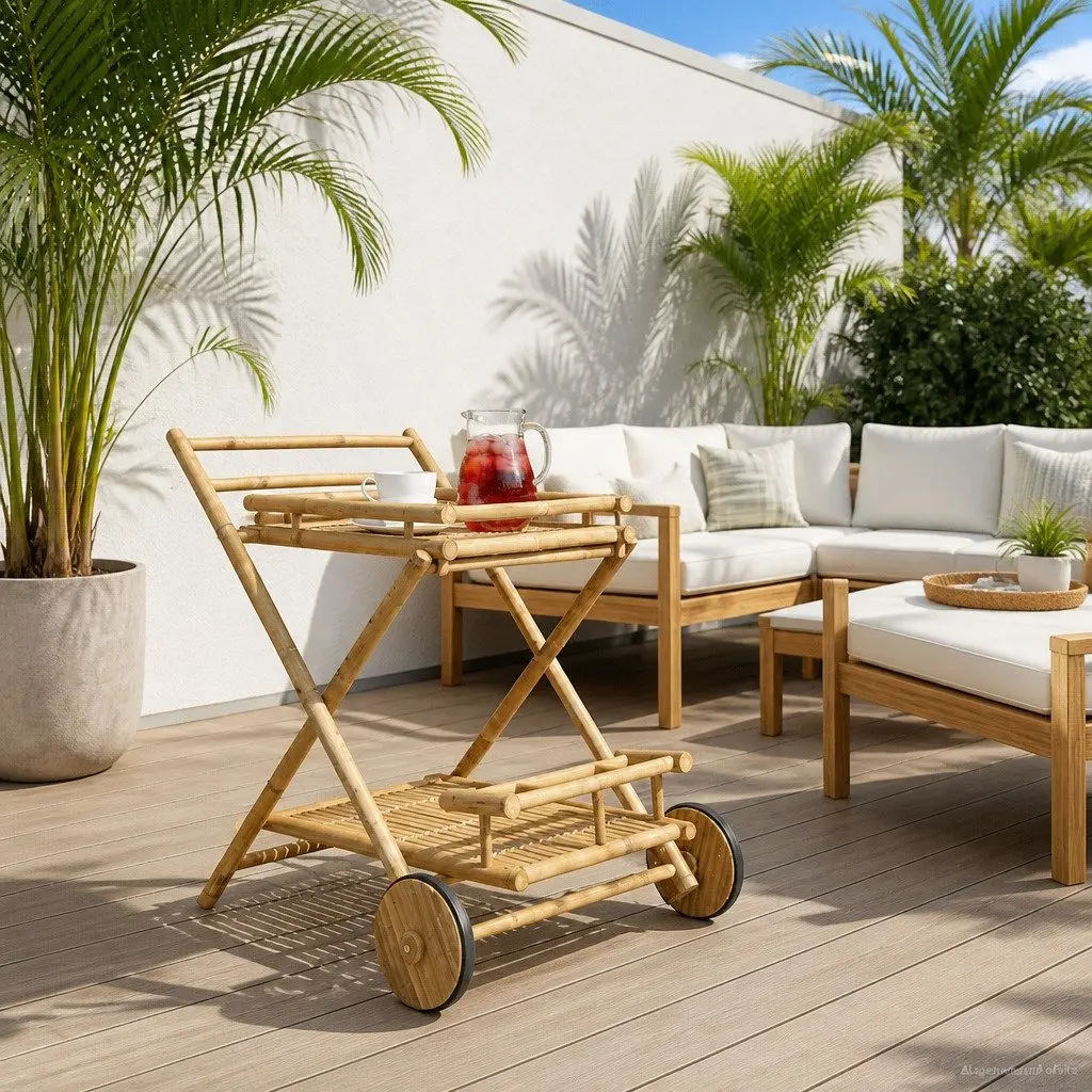 Bamboo Serving Trolley Indoor Outdoor Brown Multi Tier with Wheels 79 x 67.5 x 84 cm