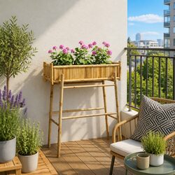 Garden Planter with Holder Brown Bamboo Outdoor Patio Balcony Plant Container