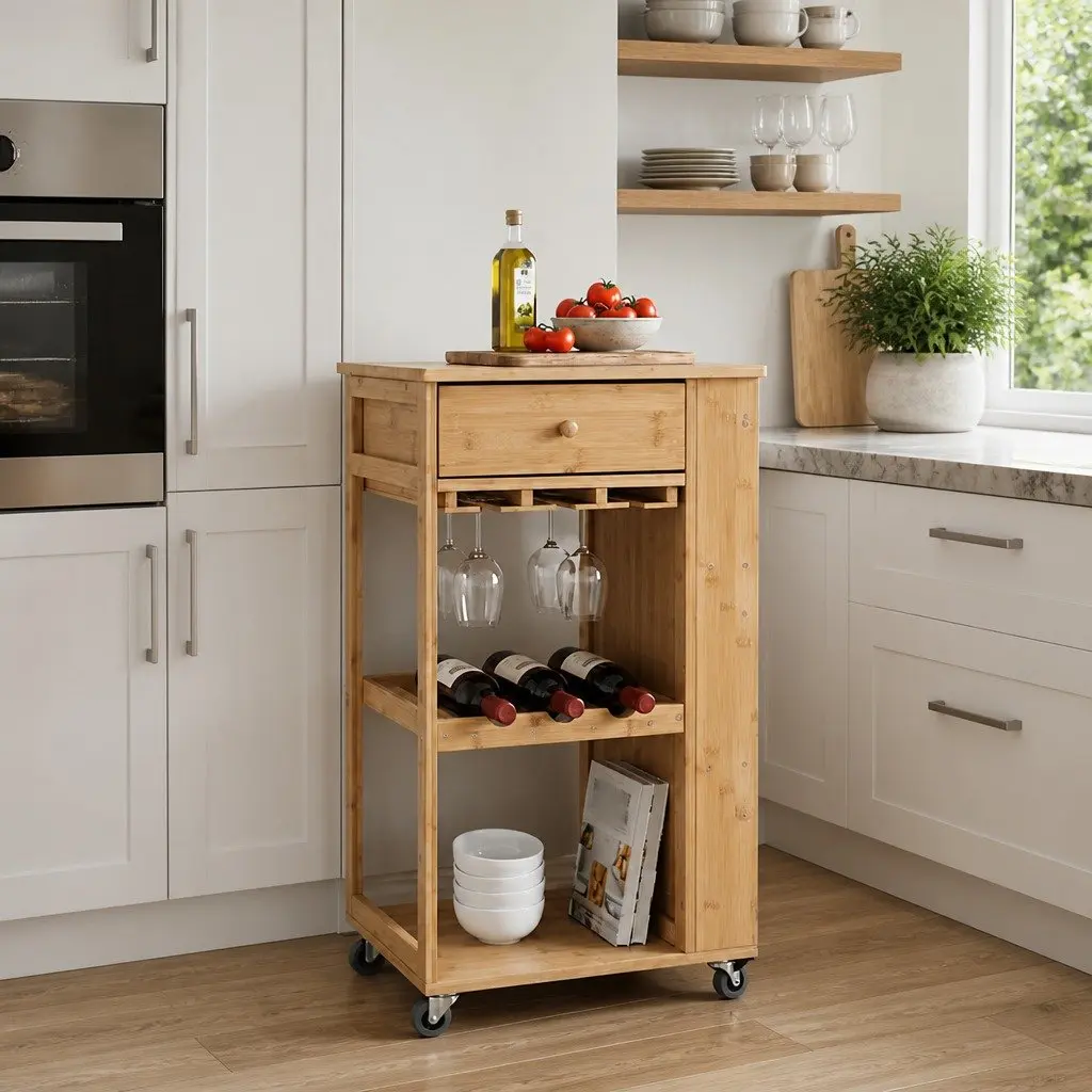 Kitchen Trolley 3-Tier Bamboo Storage Serving Cart with Wheels