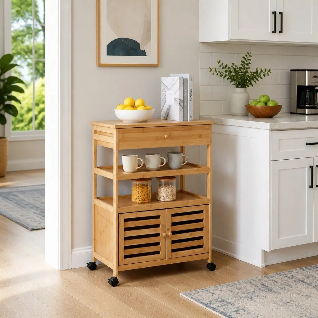 Kitchen Trolley Bamboo Storage Cart with Wheels for Easy Mobility and Organization