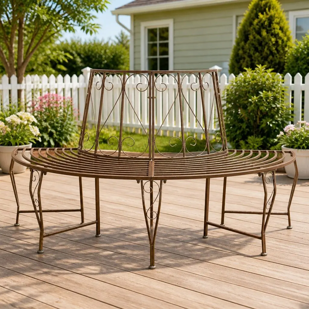 Outdoor Tree Bench 4-Seater Steel Frame Wraparound Garden Furniture