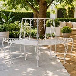 Outdoor Tree Bench 4-Seater Backyard Garden Seat Steel Antique White 160x80x89cm