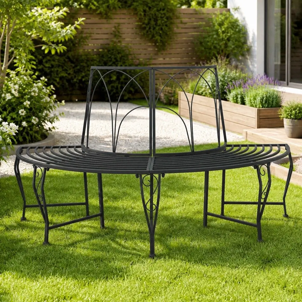Garden Tree Bench Grey Steel Frame 4-Seater Outdoor Furniture Suitable for Backyard and Patio
