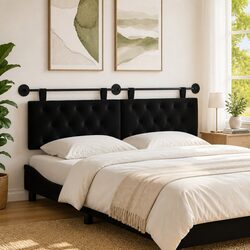 Hanging Headboard with LED Light Black Velvet Button Tufted Modern Wall Bedroom