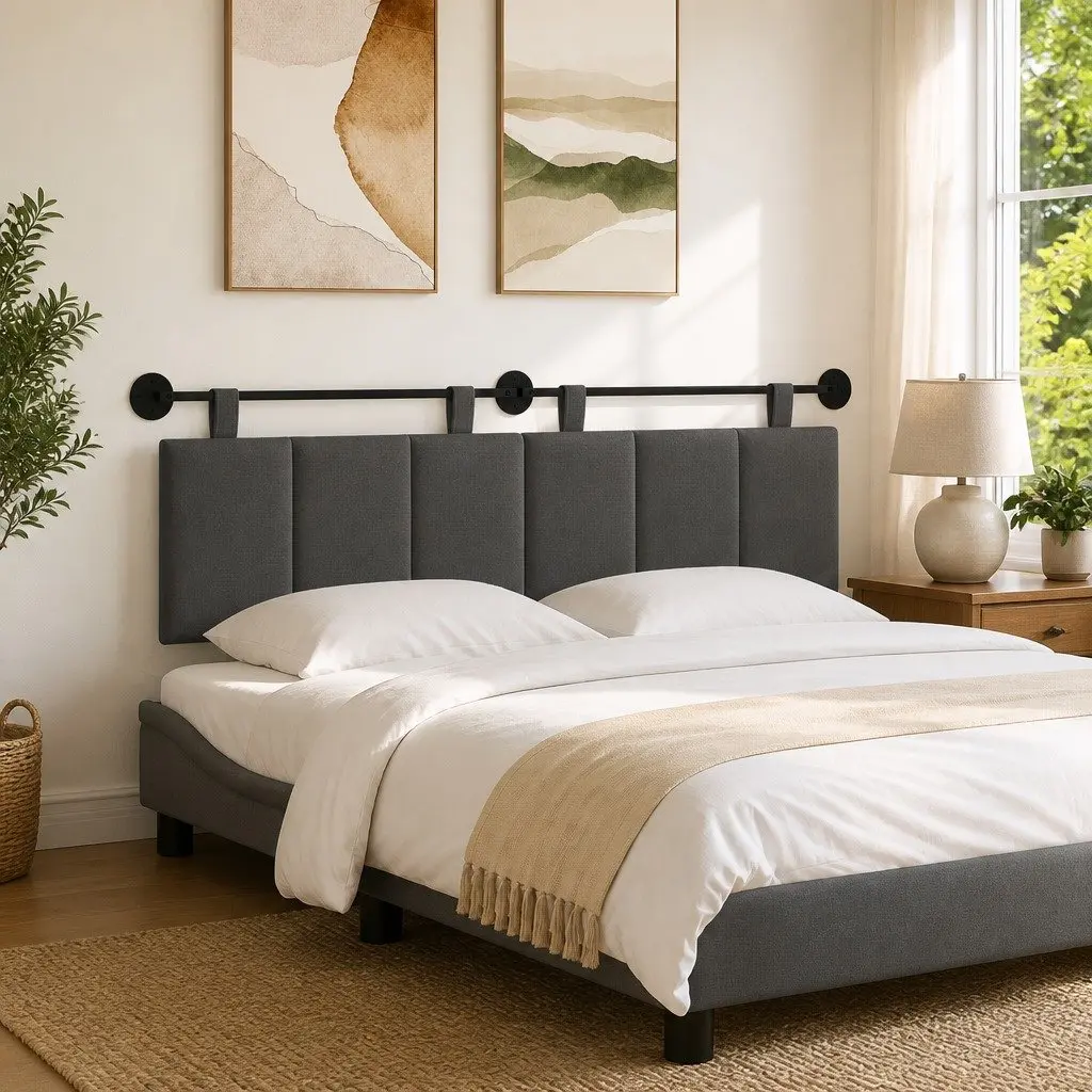 Hanging Headboard Wall Mounted Upholstered Bedroom Fabric Modern Grey Stripes