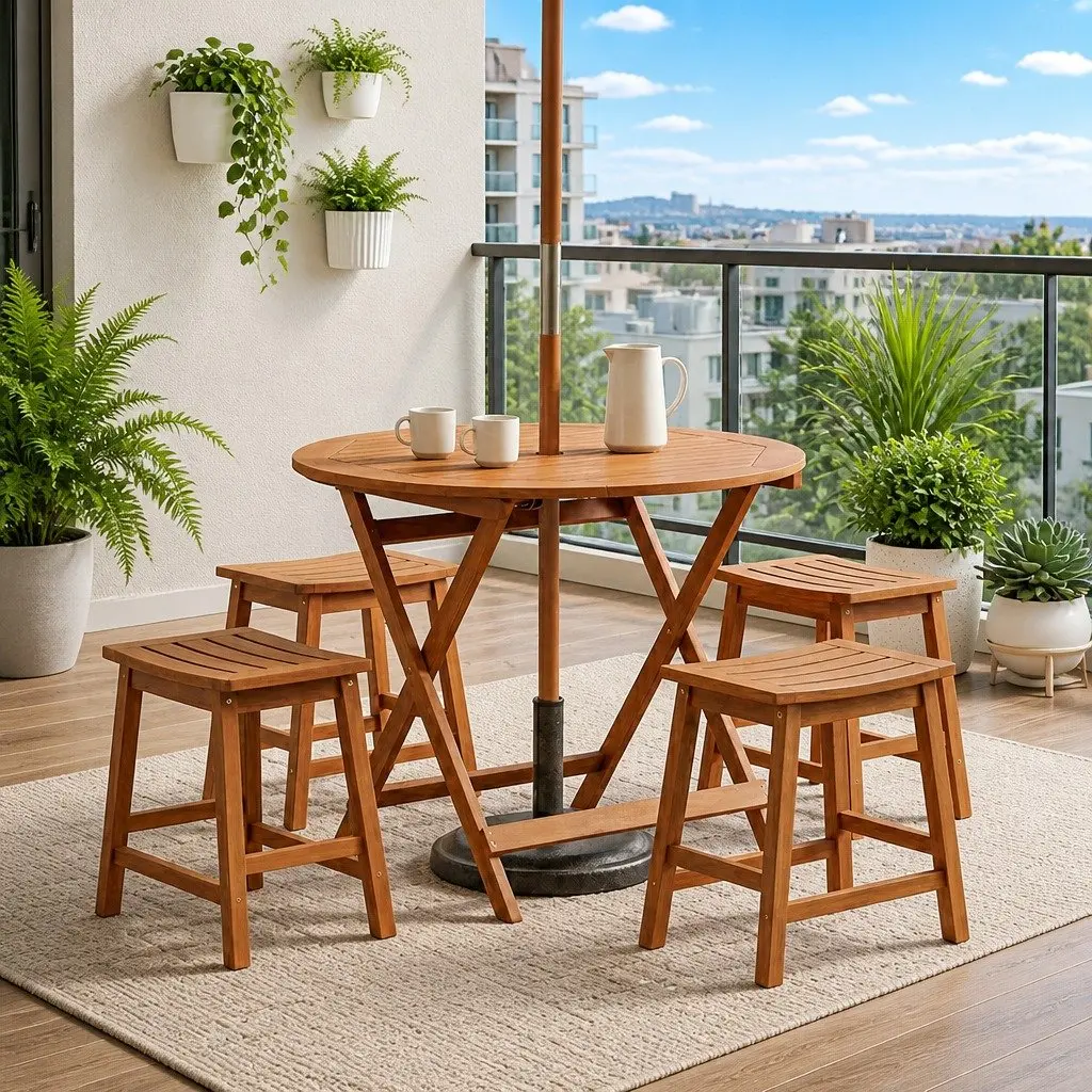 Folding Garden Table 90 cm Round Solid Eucalyptus Wood Outdoor Dining with Parasol Hole