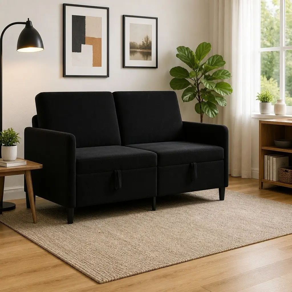 Storage Sofa 172x78x87cm Black Modern Lift-Up Seat Breathable Polyester Upholstery Removable Covers Sturdy Metal and Engineered Wood Frame