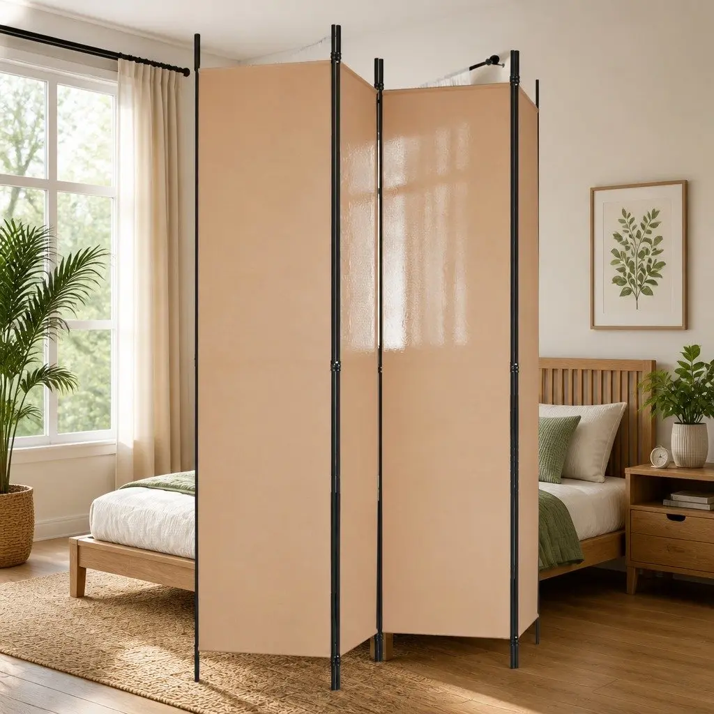 4-Panel Room Divider 200x220cm Beige Fabric Foldable Privacy Screen Partition