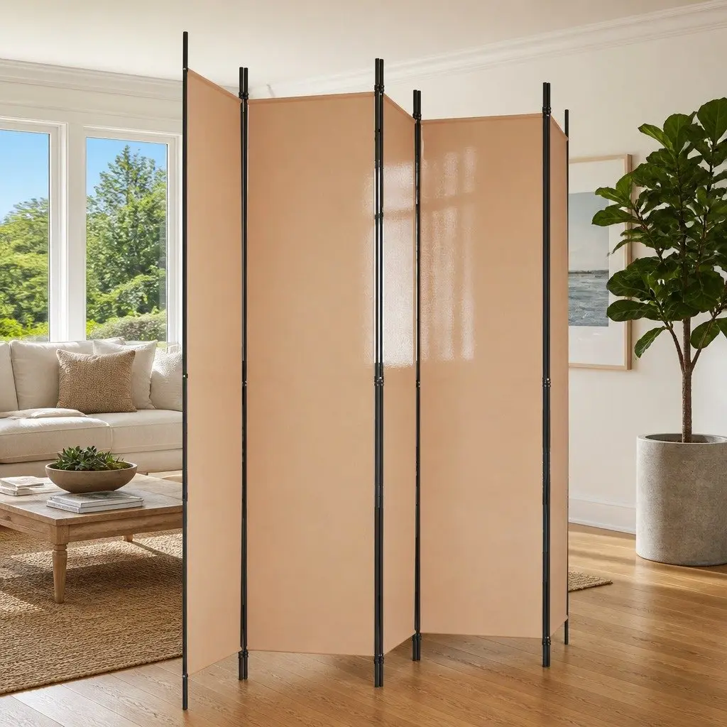 5-Panel Room Divider 250 x 220 cm Beige Folding Privacy Screen Fabric Partition
