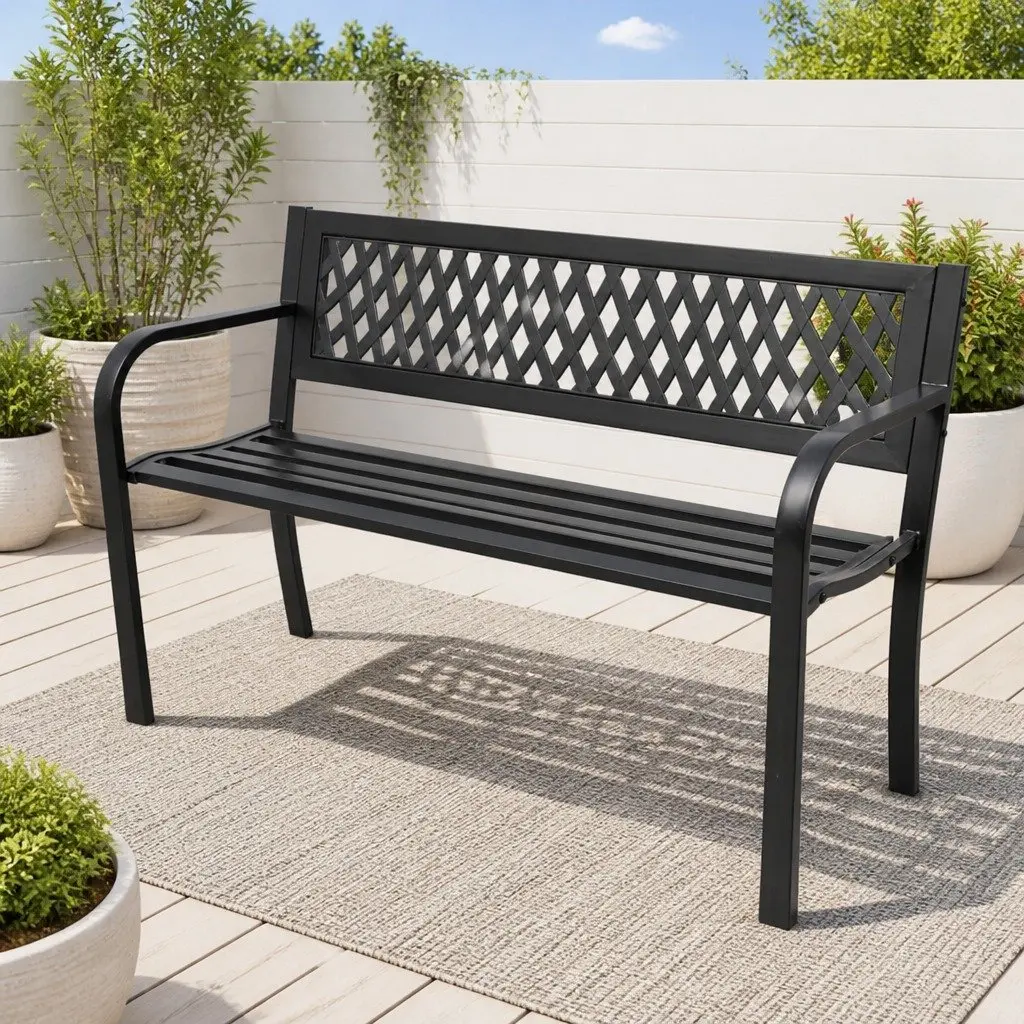 Garden Bench 118cm Black Steel Weather-resistant Outdoor Seat Patio Backyard 2 Seater Furniture