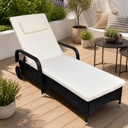 Sun Lounger Outdoor Garden Recliner with Cushion Wheels Adjustable Backrest