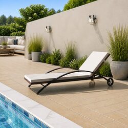 Sun Lounger with Cushion Wheels Rattan Outdoor Garden Patio Lounge Chair Bed