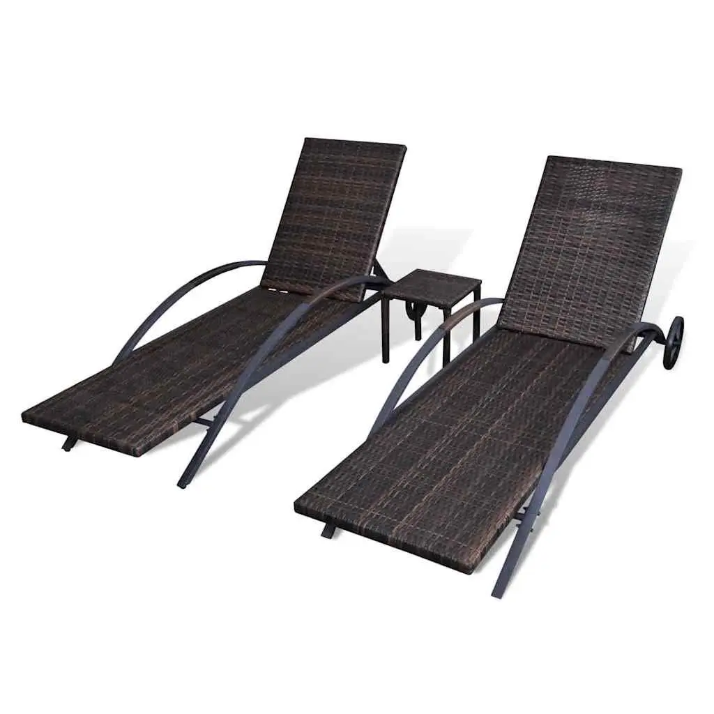 Sun Loungers Set 2 Piece Adjustable Backrests Removable Cushions Brown PE Rattan Garden Patio Outdoor Furniture with Table