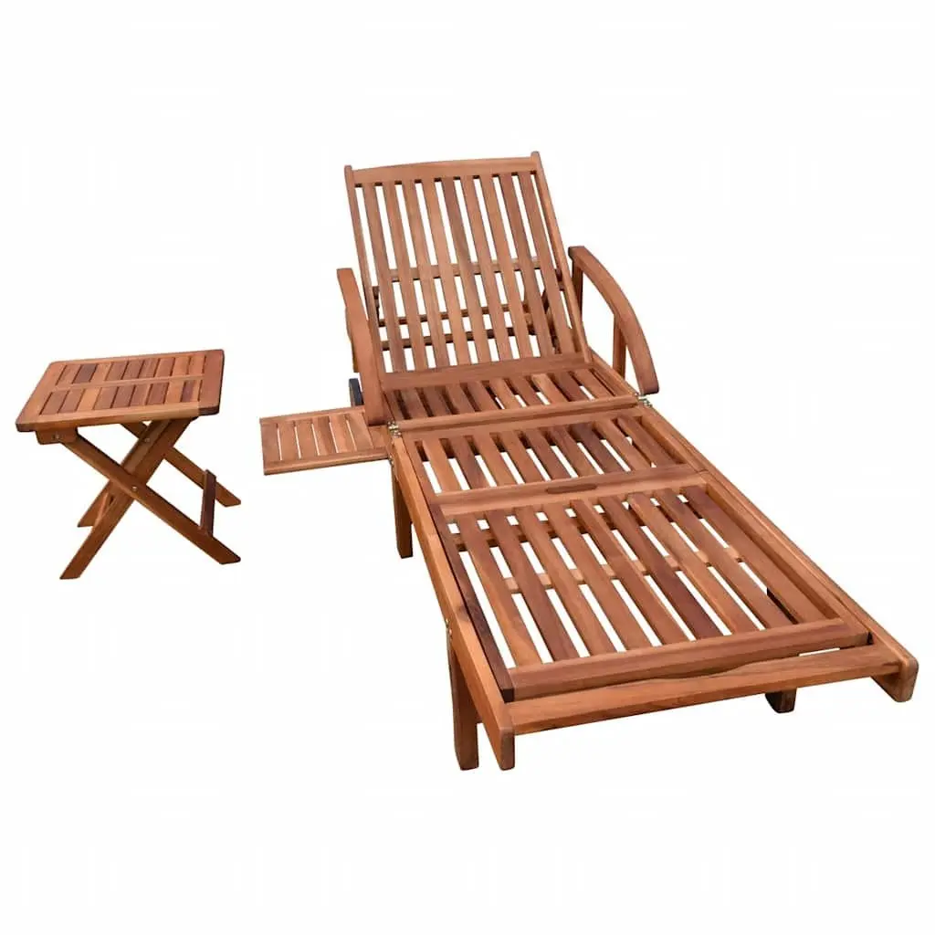 Sun Lounger with Folding Table Solid Acacia Wood Outdoor Adjustable Backrest Garden Patio