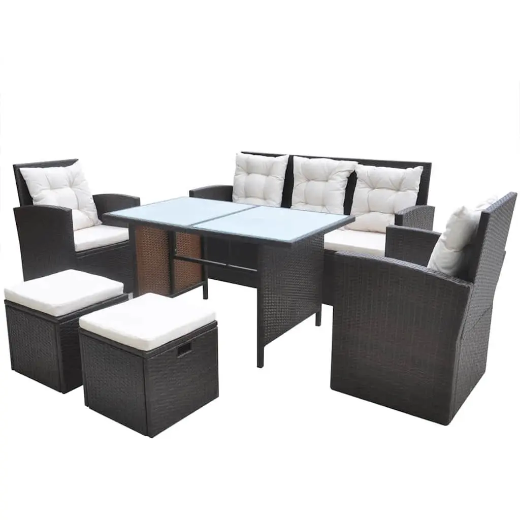 Rattan Outdoor Dining Set 7 Person Glass Top Table Lightweight Weather Resistant with Cushions