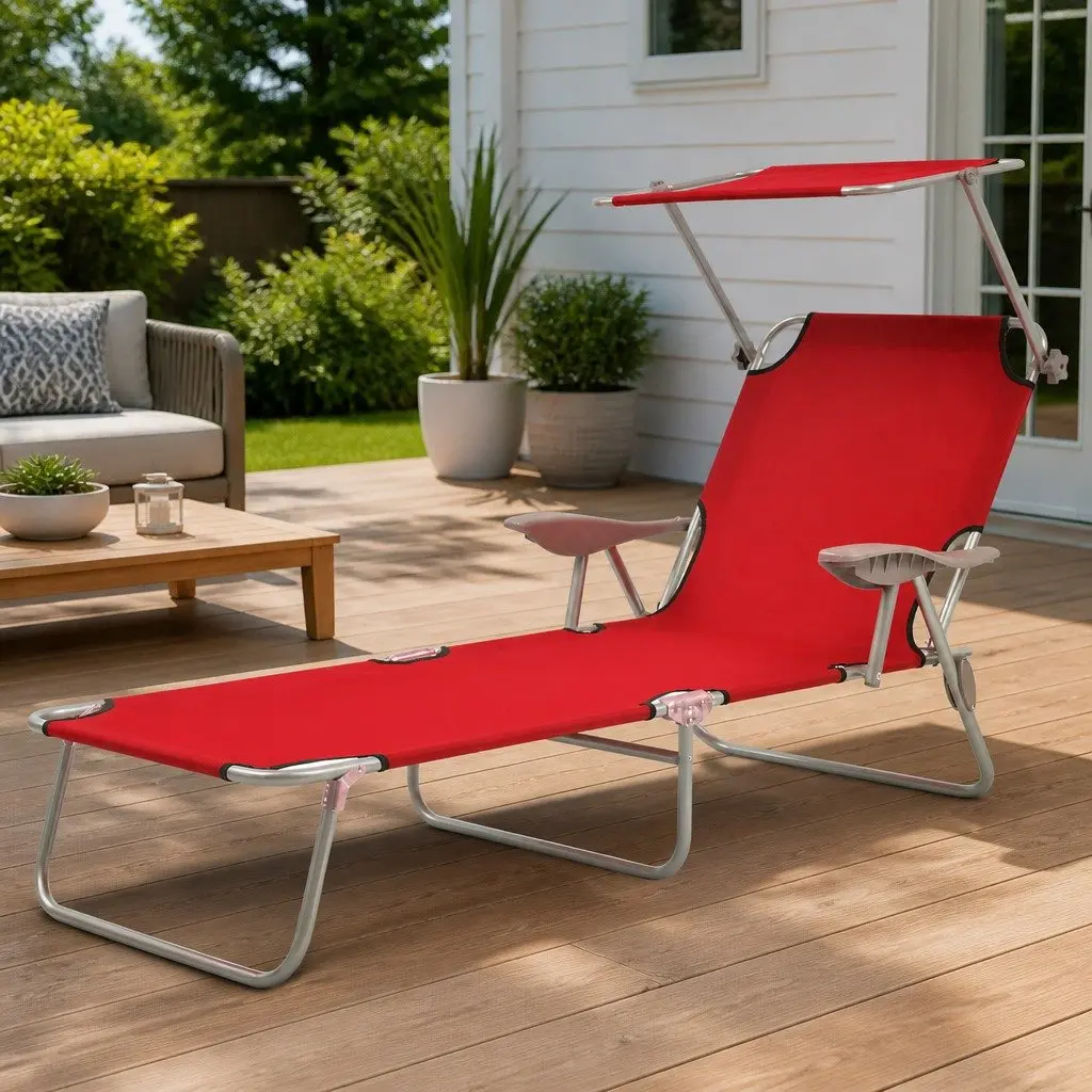 Sun Lounger Adjustable Canopy Foldable Beach Chair Red Outdoor Seating