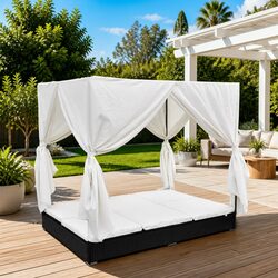 Outdoor Lounge Bed for 2 with Curtains Poly Rattan Daybed Sun Lounger Frame