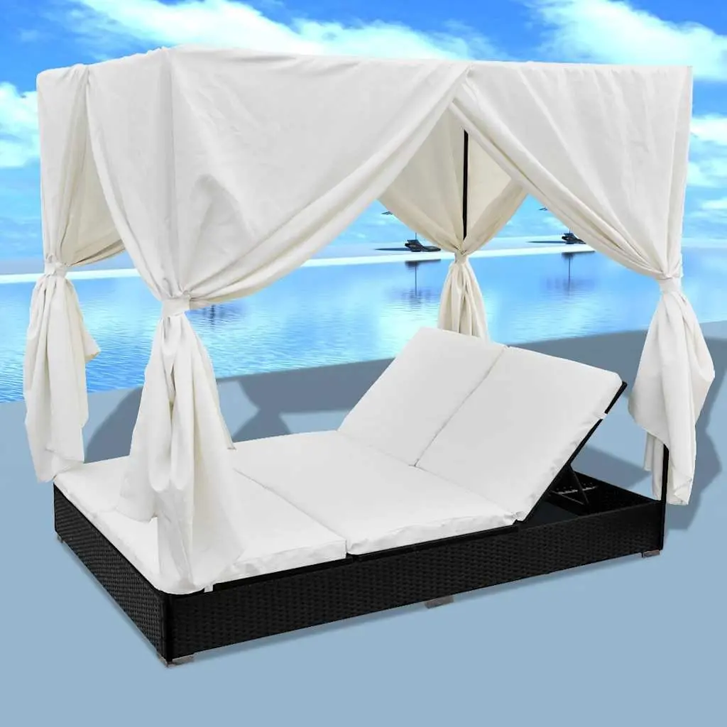 Outdoor Lounge Bed for 2 Adjustable 7 Position with Curtains PE Rattan Daybed Sun Lounger Frame