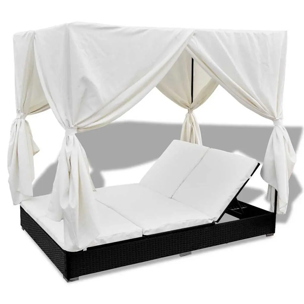 Outdoor Lounge Bed for 2 Adjustable 7 Position with Curtains PE Rattan Daybed Sun Lounger Frame